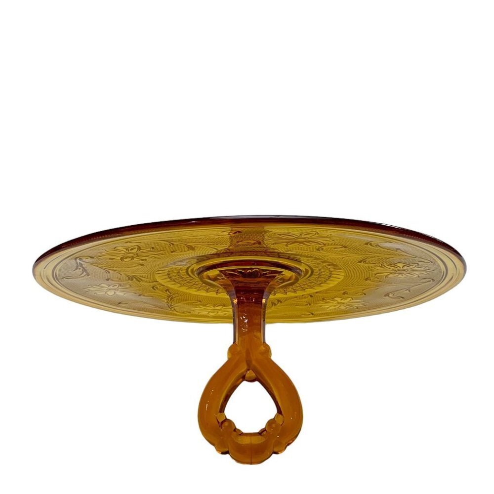Amber Glass Handled Round Tray Plate or Centerpiece Floral Vine Pattern 12 Inch - Picture 4 of 9